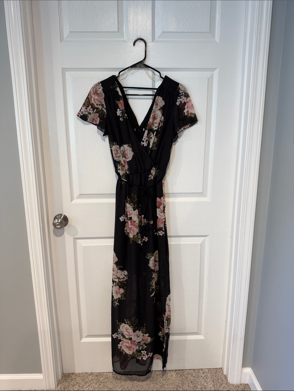 Black Floral Wrap Maxi Dress with Pink Rose Print and Tie Waist
